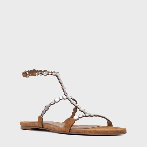 Sandália Rasteira Mirror Couro Suede Marrom Saddle
