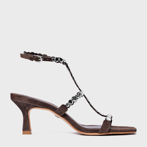Sandália Mirror Salto Fino Couro Suede Marrom Ganache