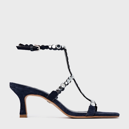 Sandália Mirror Salto Fino Couro Suede Azul Navy