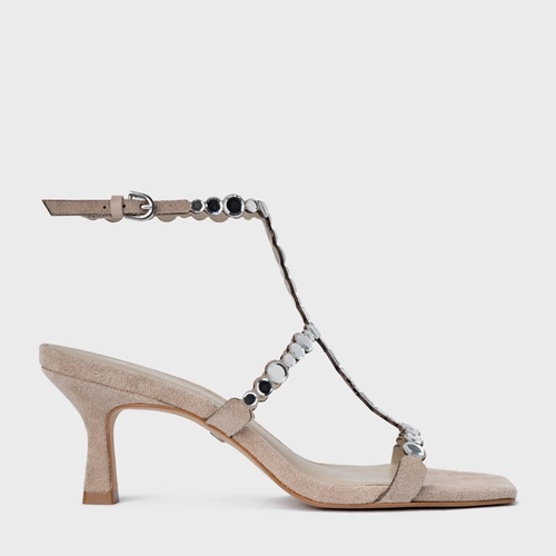 Sandália Mirror Salto Fino Couro Suede Bege Oatmeal