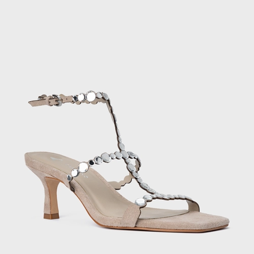 Sandália Mirror Salto Fino Couro Suede Bege Oatmeal