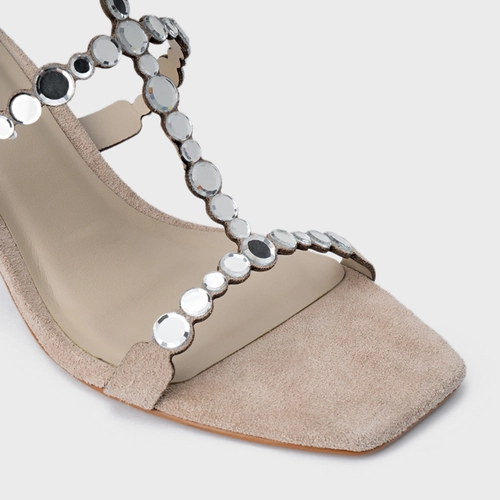 Sandália Mirror Salto Fino Couro Suede Bege Oatmeal