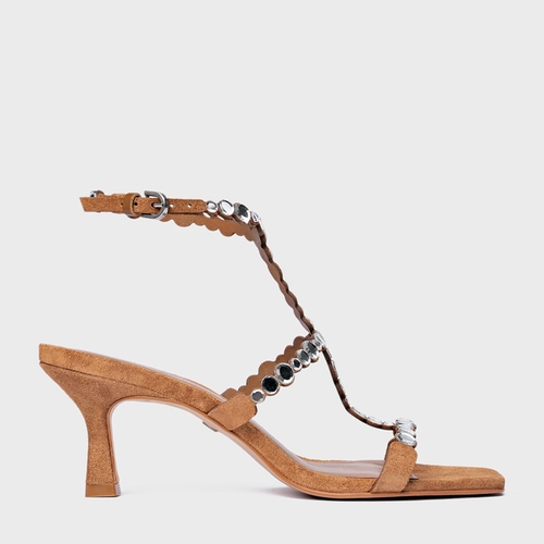 Sandália Mirror Salto Fino Couro Suede Marrom Saddle