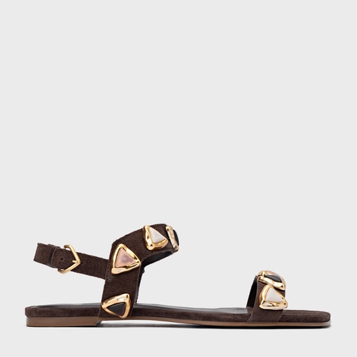 Sandália Rasteira Gems Couro Suede Marrom Ganache
