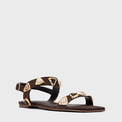 Sandália Rasteira Gems Couro Suede Marrom Ganache