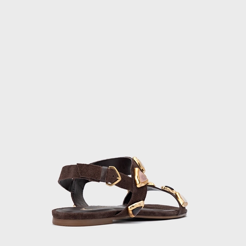 Sandália Rasteira Gems Couro Suede Marrom Ganache