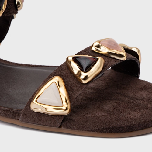Sandália Rasteira Gems Couro Suede Marrom Ganache