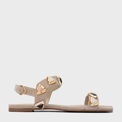 Sandália Rasteira Gems Couro Suede Bege Oatmeal