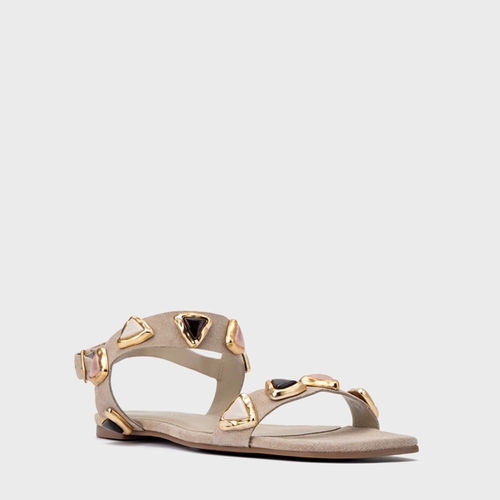 Sandália Rasteira Gems Couro Suede Bege Oatmeal