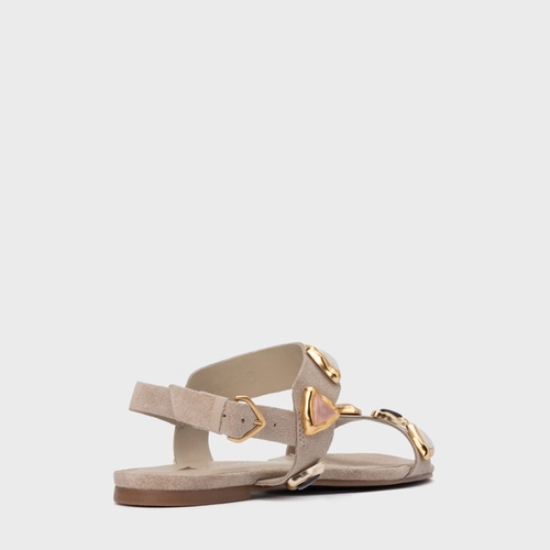 Sandália Rasteira Gems Couro Suede Bege Oatmeal