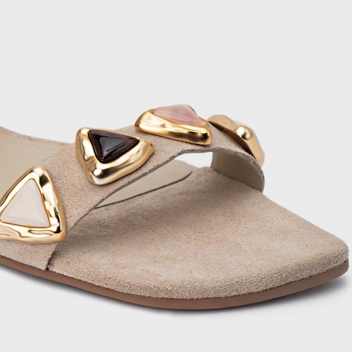 Sandália Rasteira Gems Couro Suede Bege Oatmeal