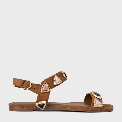 Sandália Rasteira Gems Couro Suede Marrom Saddle