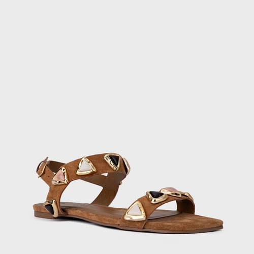 Sandália Rasteira Gems Couro Suede Marrom Saddle