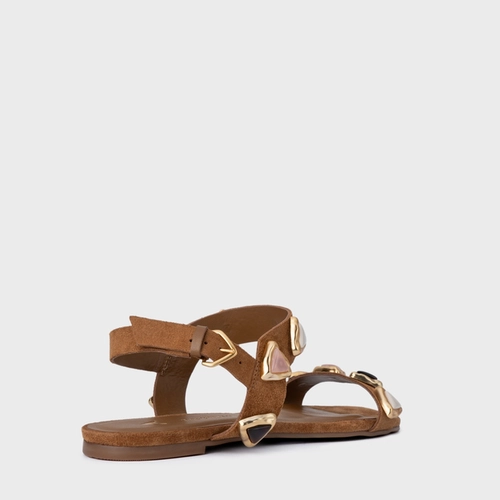 Sandália Rasteira Gems Couro Suede Marrom Saddle