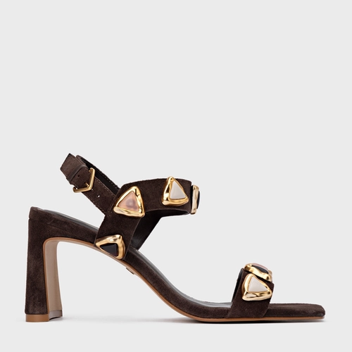Sandália Gems Salto Uno Couro Suede Marrom Ganache