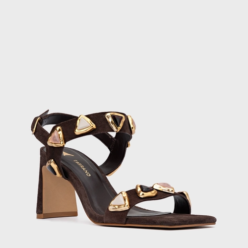 Sandália Gems Salto Uno Couro Suede Marrom Ganache