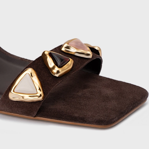 Sandália Gems Salto Uno Couro Suede Marrom Ganache