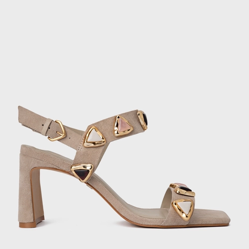 Sandália Gems Salto Uno Couro Suede Bege Oatmeal