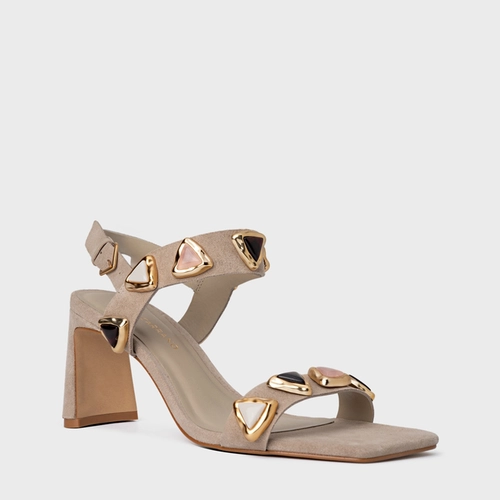 Sandália Gems Salto Uno Couro Suede Bege Oatmeal