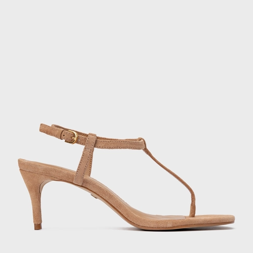 Sandália Effortless Salto Fino Couro Suede Marrom Cookie