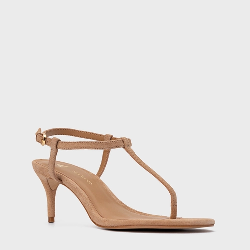 Sandália Effortless Salto Fino Couro Suede Marrom Cookie