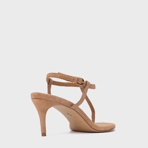 Sandália Effortless Salto Fino Couro Suede Marrom Cookie