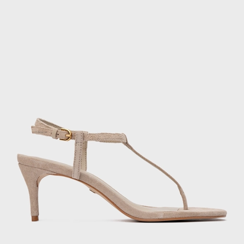Sandália Effortless Salto Fino Couro Suede Bege Oatmeal