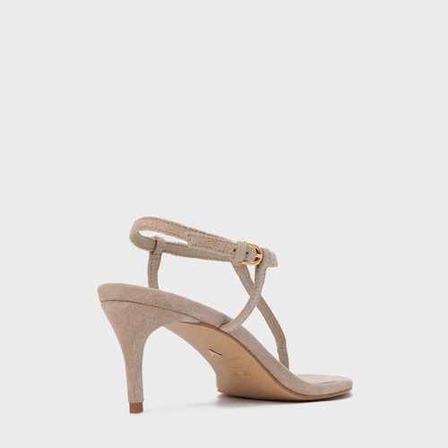Sandália Effortless Salto Fino Couro Suede Bege Oatmeal