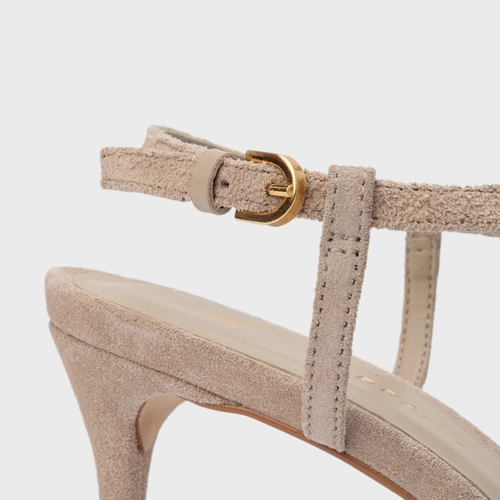 Sandália Effortless Salto Fino Couro Suede Bege Oatmeal