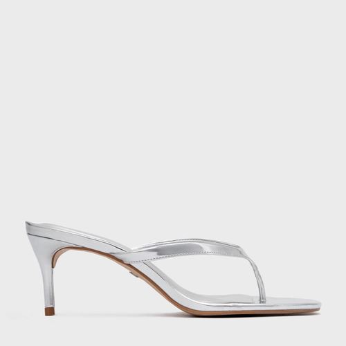 Open Mule Thong Effortless Salto Fino Couro Spechio Silver