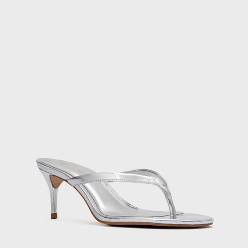 Open Mule Thong Effortless Salto Fino Couro Spechio Silver