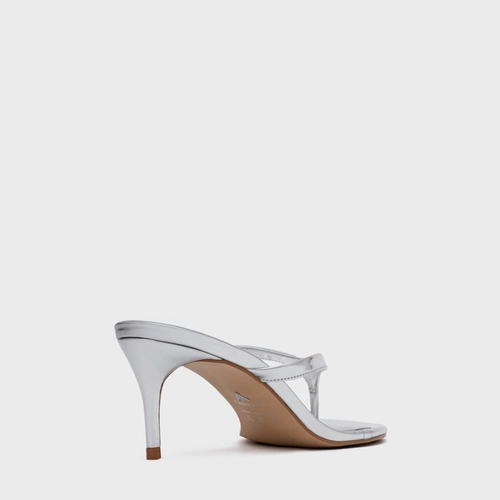Open Mule Thong Effortless Salto Fino Couro Spechio Silver