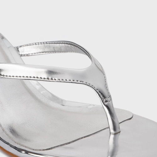Open Mule Thong Effortless Salto Fino Couro Spechio Silver