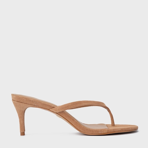 Open Mule Thong Effortless Salto Fino Couro Suede Marrom Cookie