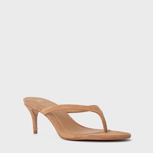Open Mule Thong Effortless Salto Fino Couro Suede Marrom Cookie
