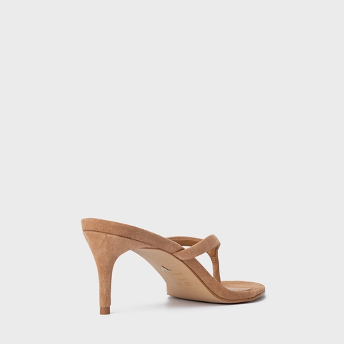 Open Mule Thong Effortless Salto Fino Couro Suede Marrom Cookie