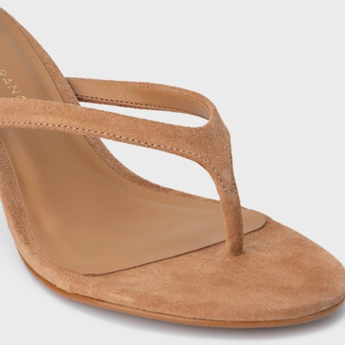 Open Mule Thong Effortless Salto Fino Couro Suede Marrom Cookie