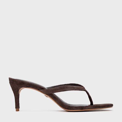 Open Mule Thong Effortless Salto Fino Couro Suede Marrom Ganache