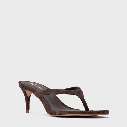 Open Mule Thong Effortless Salto Fino Couro Suede Marrom Ganache