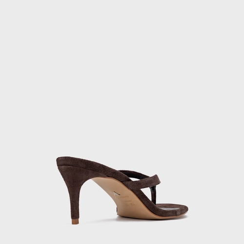Open Mule Thong Effortless Salto Fino Couro Suede Marrom Ganache