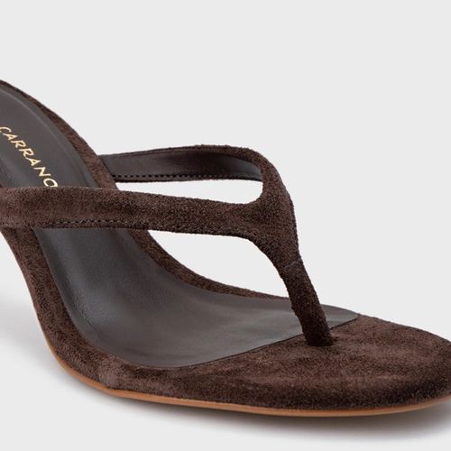 Open Mule Thong Effortless Salto Fino Couro Suede Marrom Ganache