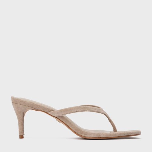 Open Mule Thong Effortless Salto Fino Couro Suede Bege Oatmeal