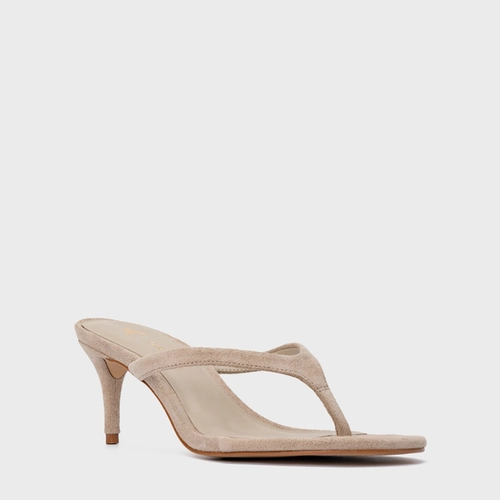 Open Mule Thong Effortless Salto Fino Couro Suede Bege Oatmeal