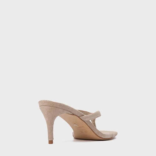 Open Mule Thong Effortless Salto Fino Couro Suede Bege Oatmeal