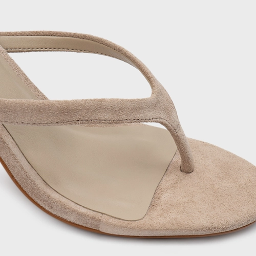 Open Mule Thong Effortless Salto Fino Couro Suede Bege Oatmeal
