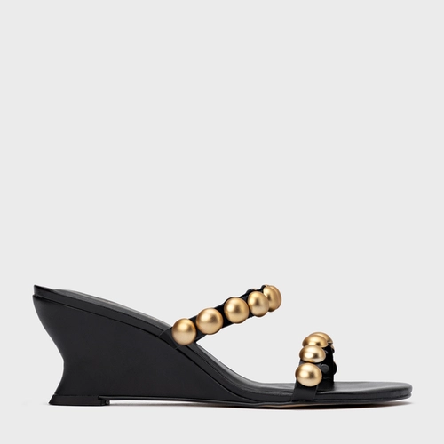 Open Mule Balls Anabela Couro Preto