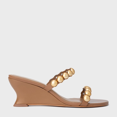 Open Mule Balls Anabela Couro Marrom Gingerbread