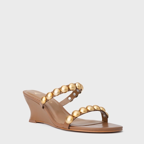 Open Mule Balls Anabela Couro Marrom Gingerbread