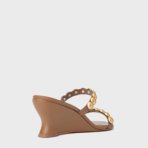 Open Mule Balls Anabela Couro Marrom Gingerbread