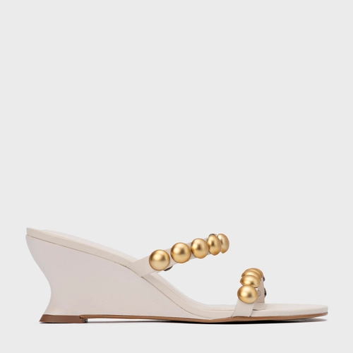 Open Mule Balls Anabela Couro Off White Vanilla